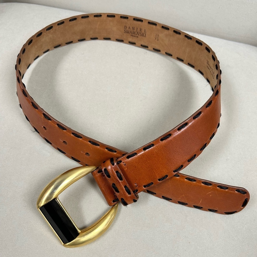 VINTAGE Swarovski Black Crystal Brown Leather Belt size 38​ EXCELLENT CONTIDION